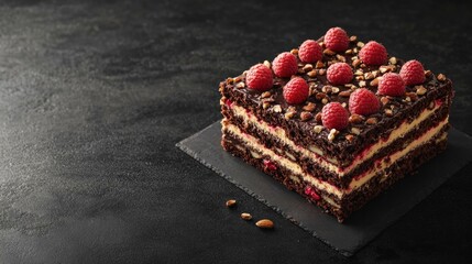 Chocolate raspberry cake with layers of cream and chocolate shavings on a black slate plate with Copy Space for text placement.