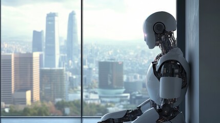 AI Robot Contemplating Market Dynamics with Urban Skyline in Background and Space for Text Integration