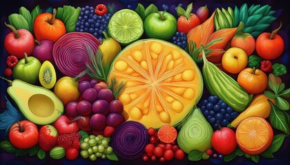 colorful illustration of assorted fruits and vegetables arranged in a lively pattern for a vibrant food design