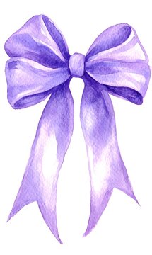 A purple bow watercolor on a white background a purple Ribbon,generation AI 