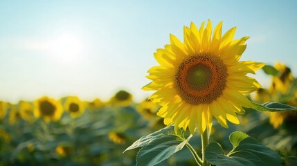 Obraz premium Agronomists evaluating sunflower crop growth in a vibrant field under clear skies with ample space for text placement