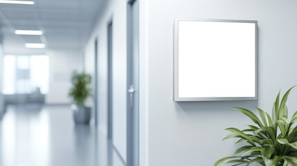 Blank wall frame in modern office corridor with indoor plant and copy space for text.