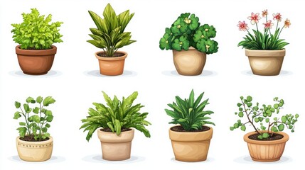 Fototapeta premium Variety of potted plants in ceramic and clay pots isolated on white background perfect for home decor and gardening themes