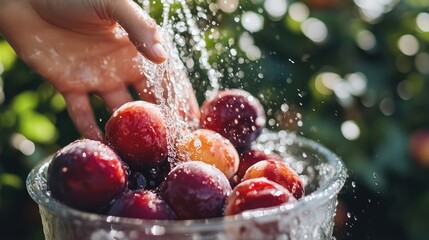 Hand rinsing organic plums and peaches in water outdoors celebrating rural life with fresh produce and natural beauty in a serene setting
