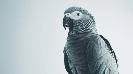 Obraz premium African Grey Parrot Close-Up on White Background with Copyspace for Text or Graphic Design Elements