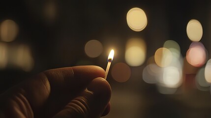 Hand holding a lit matchstick at night with blurred city lights in the background.