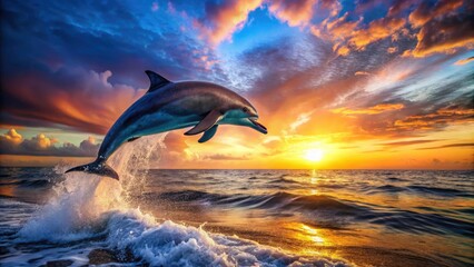 Captivating Long Exposure of a Cute Dolphin Jumping Out of the Sea at Sunset, Playful Marine Life in Vibrant Ocean Waves, Serene Seascape, Nature&acirc;&euro;&trade;s Beauty, Stunning Wildlife Photography
