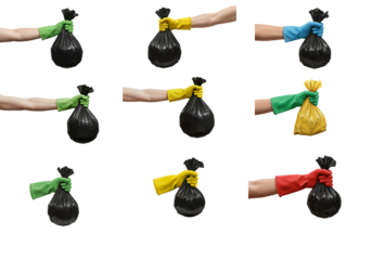 hands with gloves holding garbage bag - transparent background
