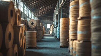 Natural Wool Spun Reels in Textile Warehouse Aged Aesthetic Warm Lighting Showcasing Wool Thread Storage from an Engaging Rear Perspective