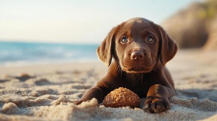 Cute chocolate Labrador puppy lying on sandy beach with a toy ball, ocean and cliffs in background, warm natural lighting, Copy Space