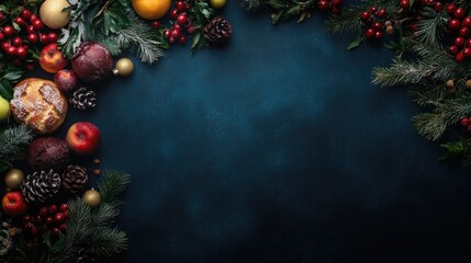 Festive arrangement of fruits, pine cones, and greenery on dark blue background with Copy Space for holiday-themed designs