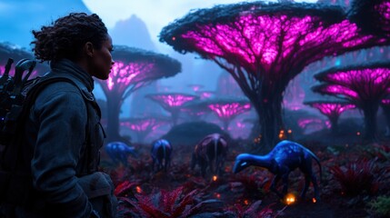 Naklejka premium An otherworldly landscape featuring vibrant alien trees with glowing colors and bizarre creatures, inviting viewers into an imaginative realm of science fiction and fantasy exploration.
