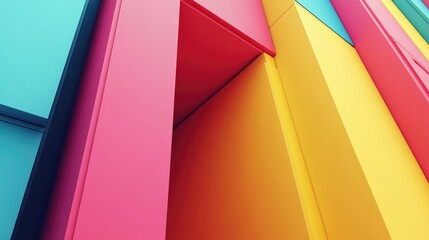 Colorful geometric shapes in vibrant shades of blue, pink, yellow, and orange with copy space for text in abstract architectural design.