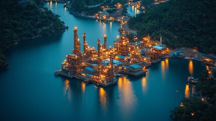 Obraz premium Night industrial plant on island, illuminated, river, hills. Use Industry, environmental impact
