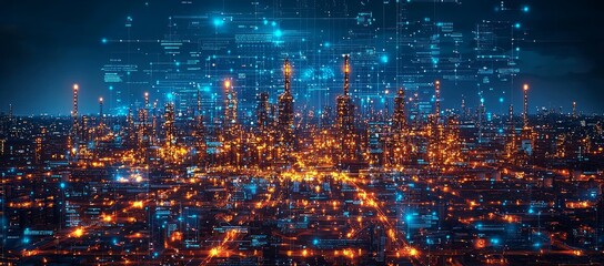 Fototapeta premium Night city industrial complex, data streams, digital future