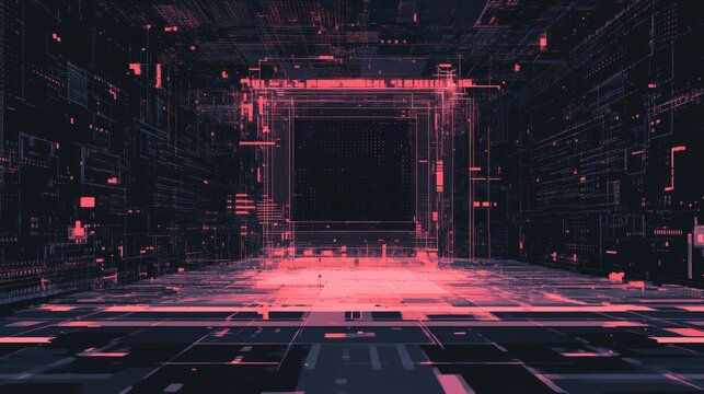 Futuristic AI Interface with Binary Code Transforming into Pixel Art and Space for Text Placement in Digital Environment