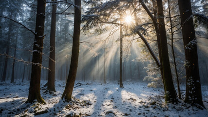 Fototapeta premium Sun rays illuminating a snowy forest scene with trees and winter ambiance
