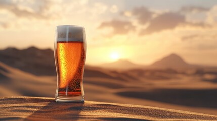 Glass of beer on sandy desert landscape during sunset with mountains in background and clear sky Copy Space