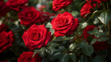 Obraz premium Elegance unfolds in a garden of velvety red roses, a timeless display of romantic beauty.