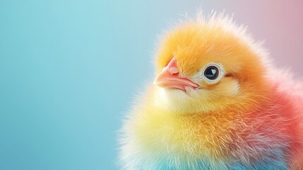 Obraz premium Colorful baby chick with pastel gradient background showcasing vibrant feathers and soft texture Copy Space