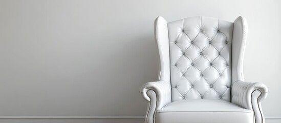 Elegant white tufted leather wingback chair positioned against a clean white wall, creating a minimalist space perfect for textual overlays.