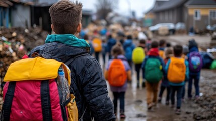 A heartfelt image of children with colorful backpacks walking towards an uncertain future, symbolizing hope, community, and the innocence of youth in challenging environments.
