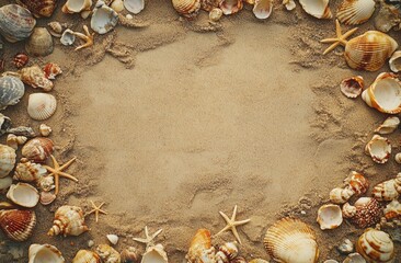 Obraz premium Seashells and Starfish on Sandy Beach Background