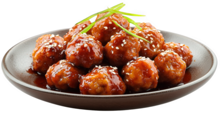 a plate of delicious meatballs coated in a glossy sauce. garnished with sesame seeds and green onion the presentation highlights the appetizing nature of the dish. making it suitable for menus. food b