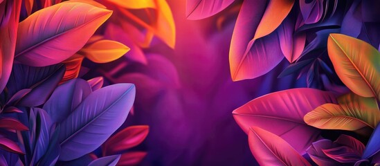 Fototapeta premium Colorful vibrant leaves with a gradient background of purple and orange shades featuring ample copy space for text insertion.