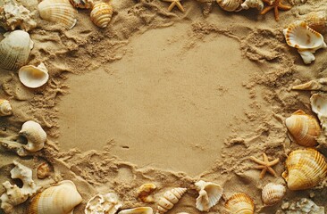 Obraz premium Seashells and Sand Beach Frame Summer Background