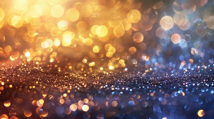 A mesmerizing blue background filled with golden bokeh and gold dust, perfect for adding elegance to your product designs.