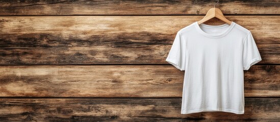 White T-shirt on a wooden hanger against a rustic brown wooden background with ample blank space for custom text or branding.