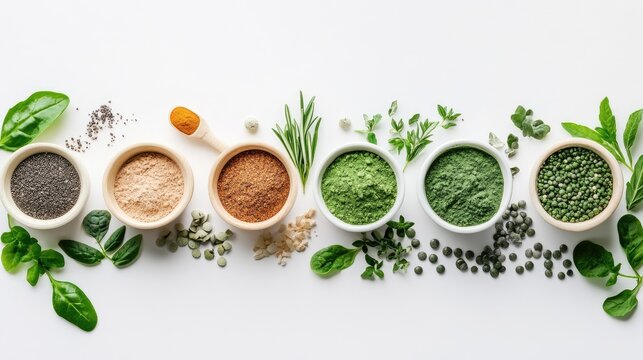 Assorted herbal superfood powders in bowls with fresh greens on a white background for health and wellness concepts