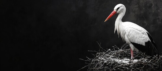 White stork perched gracefully in dark nest against contrasting black background with ample empty space for text and design elements © pngking
