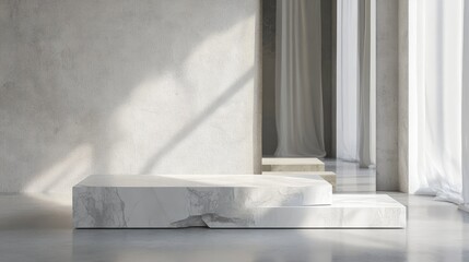White stone podium against mirrored walls showcasing minimalist design with natural light reflections for elegant product display.