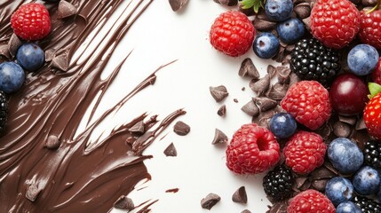 Fresh berries and chocolate spread on white background with Copy Space for text addition.