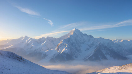Majestic snow-capped mountains under a serene sky with soft cloud blanket below