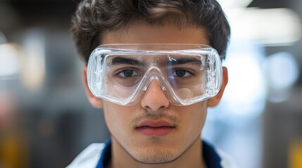 Student wearing transparent safety goggles in a workshop environment focused on health and safety in educational settings