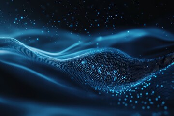 Digital data stream of blue numbers and code flowing in the dark space, a technological background with a light effect. 