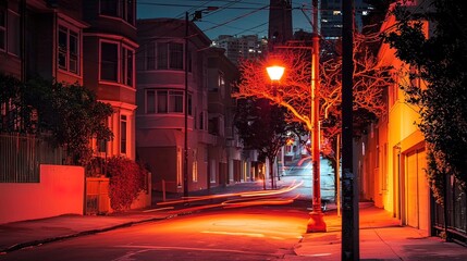 Fototapeta premium Night scene of a quiet residential street, illuminated by streetlights and car lights, showing houses, trees, and a calm atmosphere.