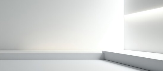 Minimalist interior with empty white walls and floor featuring soft natural light Copy Space for design elements
