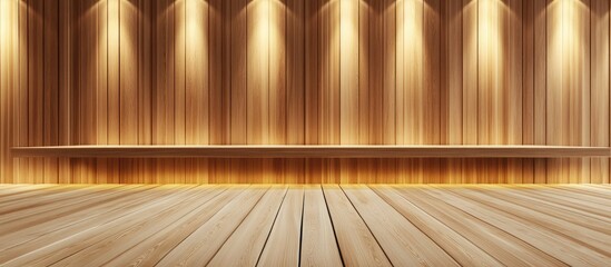 Wooden stage background with warm lighting and empty space for text or design elements Copy Space