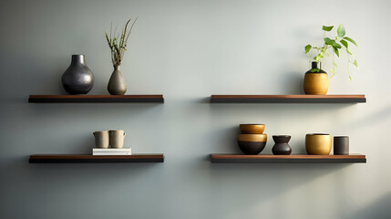 Modern Floating Shelves with Decorative Vases and Pots