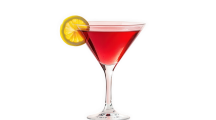 vibrant red cocktail served in a classic martini glass. garnished with a slice of lemon. set against a soft pink background the presentation highlights the drink's refreshing and elegant nature. makin