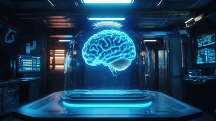 Advanced technology showcasing a futuristic glowing brain inside a glass dome in a high-tech laboratory environment with screens and glowing elements surrounding it