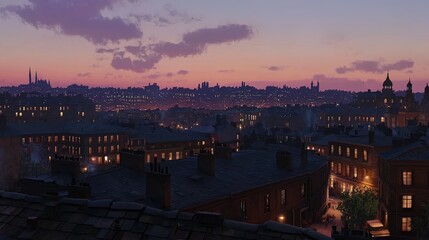 Naklejka premium Panoramic view of a city skyline at twilight, showing rooftops, buildings, and lights.