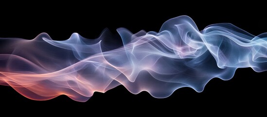 Translucent white smoke waves gracefully swirling against a deep black backdrop, perfect for photo manipulation and brochure design with customizable text space.