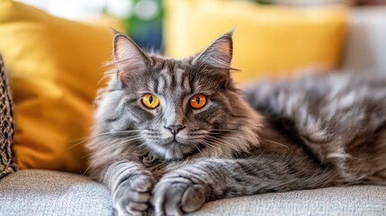 Grey Maine Coon cat with striking orange eyes resting on a sofa surrounded by yellow cushions Copy Space