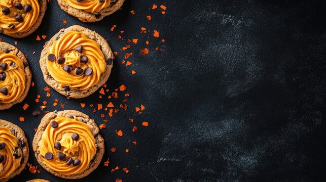 Pumpkin flavored cookies with chocolate chips and orange frosting on dark background with Copy Space for text