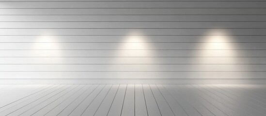 Obraz premium Illuminated white shiplap wall with soft lighting and smooth wooden floor creating spacious ambiance for text placement in bright interior setting